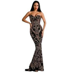 Miss Ord Formal Evening Gown Womens XL Black Gold Strapless Sequin Mermaid Dress